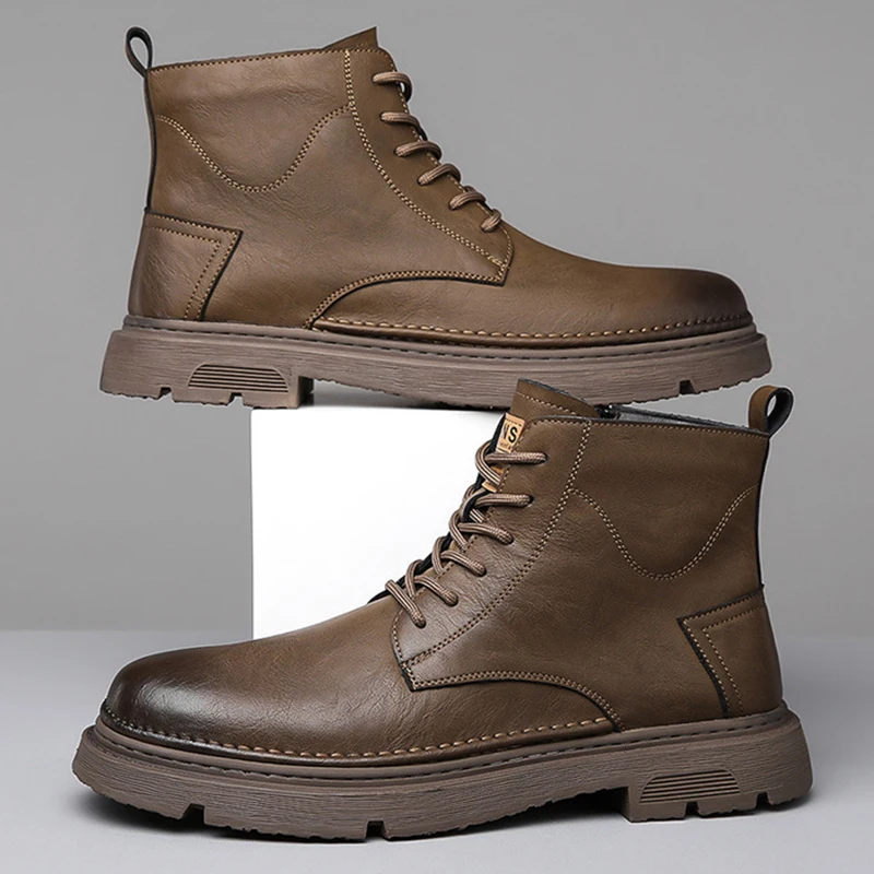 Nuevas botas al aire libre, zapatos de otoño e invierno para hombre, botas de trabajo Retro, zapatos cálidos de terciopelo de algodón de alta calidad, botas de cuero genuino para hombre