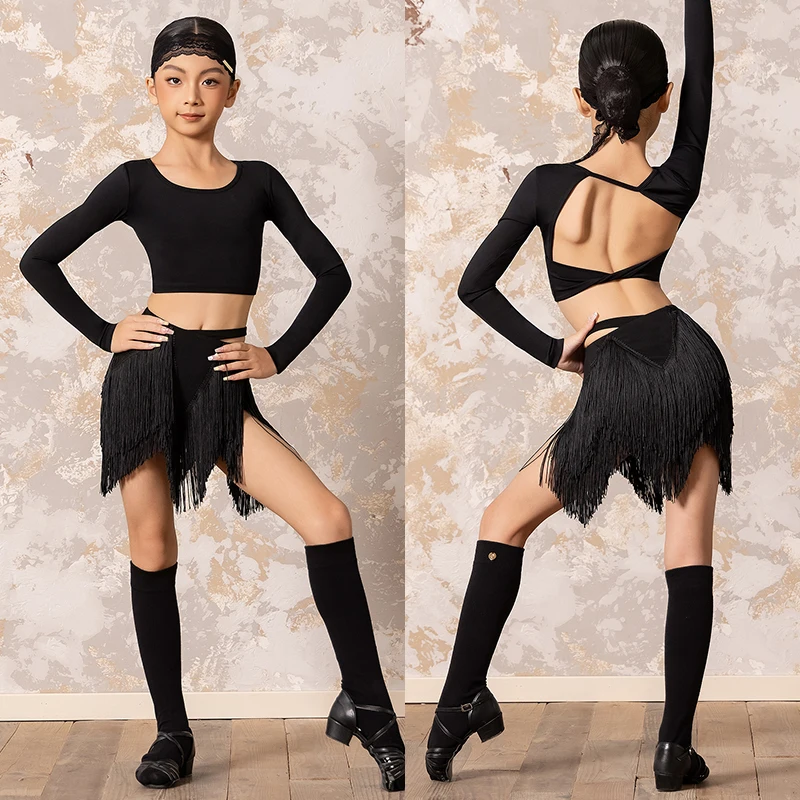 

Winter Girls Latin Dance Practice Clothes Black Long Sleeves Tops Tassels Skirt Children Cha Cha Rumba Samba Dance Wear BL18231
