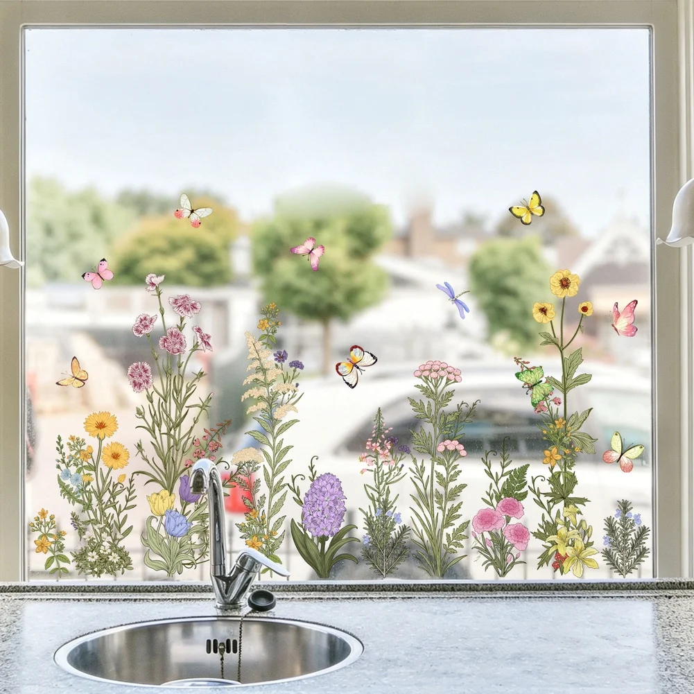Stylish Electrostatic Window Sticker Combining Seasonless Floral Patterns and Butterfly Accents for Diverse Interior Styles