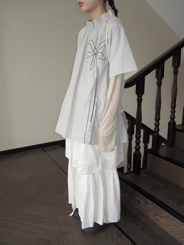 

Ladies' Casual Cotton ort Sve T-irt Embroidered Floral Design Loose Fit Summer Top Unique Design Commute Wear