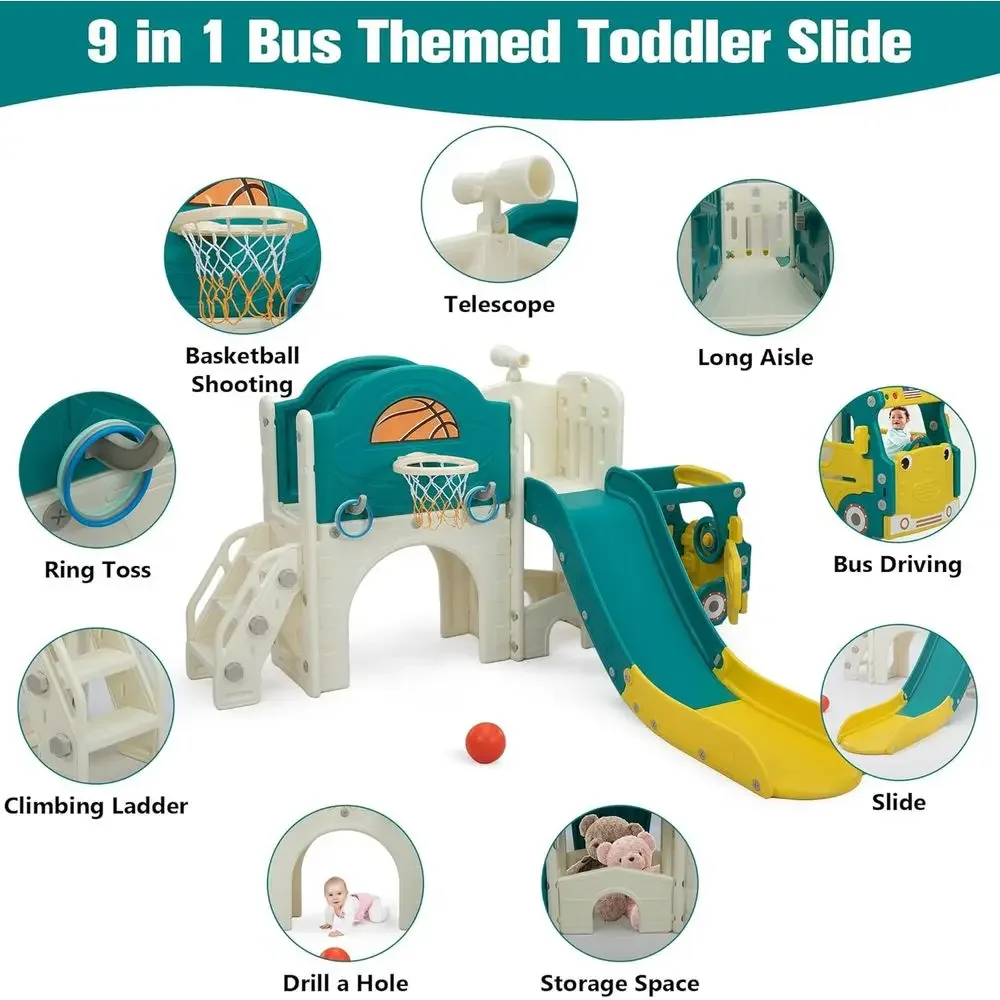 Multi-Functional Toddler Slide and Climber, Bus-Themed Playset with Basketball, Ring Toss, Car Playhouse, Ideal for Indoor and O