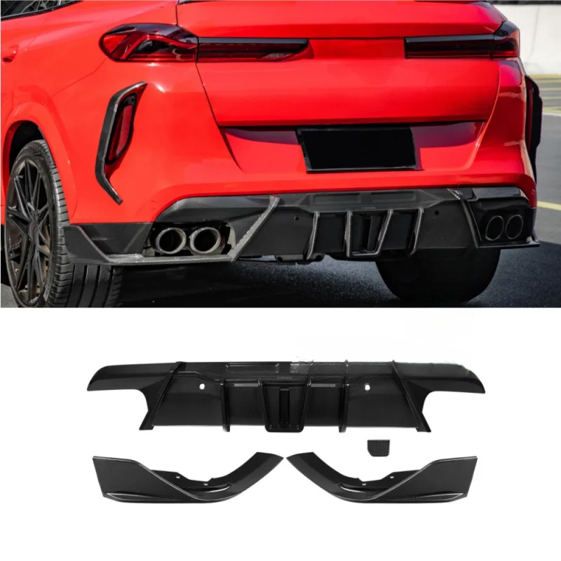 For BMW X6M F96 LCI 2020+ SQ Style Dry Carbon Fiber 3PCS Rear Diffuser Splitters No LED