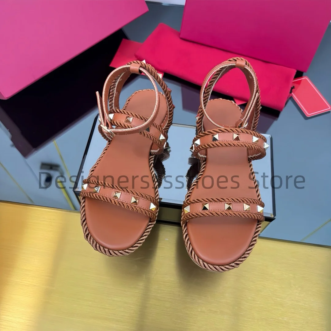 Electroplate Rivet Woven Wedge Sandals Cowhide Upper & Lining Anti-slip Outsole Platform Shoes Size 35-41