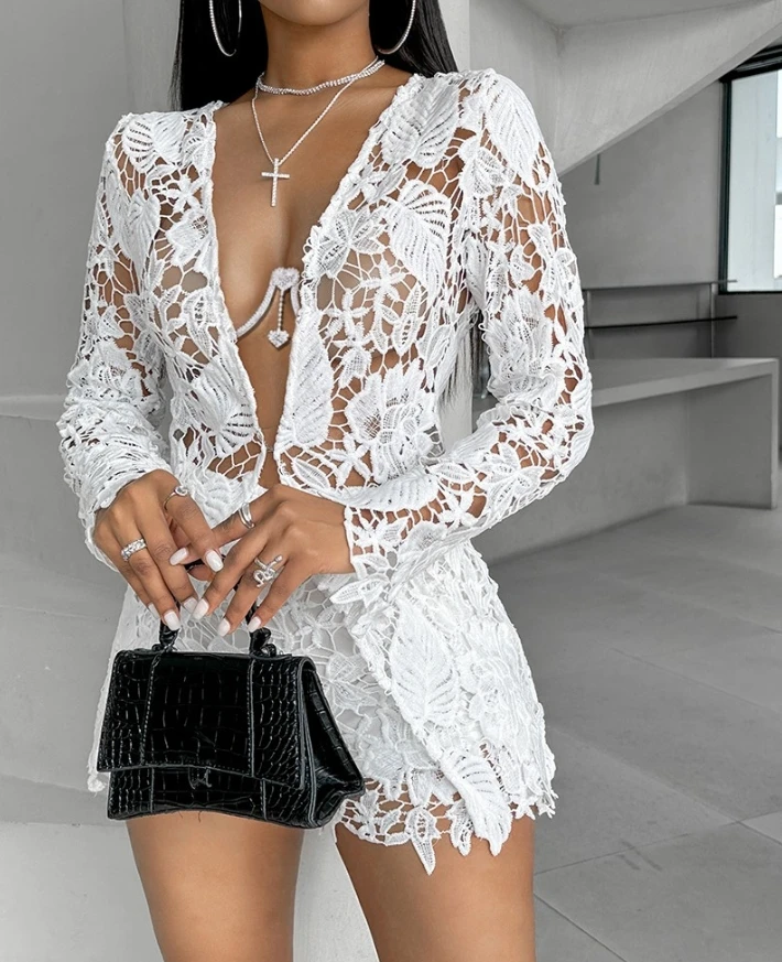 

New Fashion 2024 Summer Casual Sexy Womens Two Piece Sets Outfit Long Sleeve Guipure Lace Top Shorts Set Female Clothing Outfits