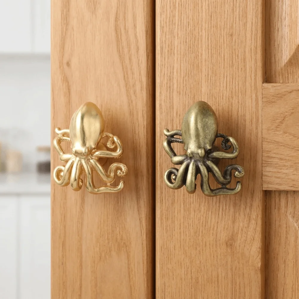 Retro Octopus Brass Handle Vintage Single Hole Cabinet Door Knobs Furniture Hardware Push-pull Wardrobe Drawer Pulls Kitchen