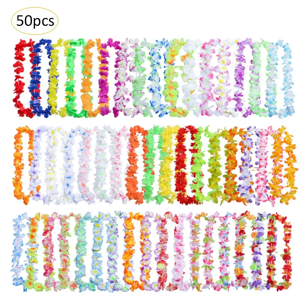 50pcs Hawaiian Wreath Hawaiian Leis Garland Artificial Necklace Hawaii Flowers Leis Spring Party Supplies Beach Fun Wreath