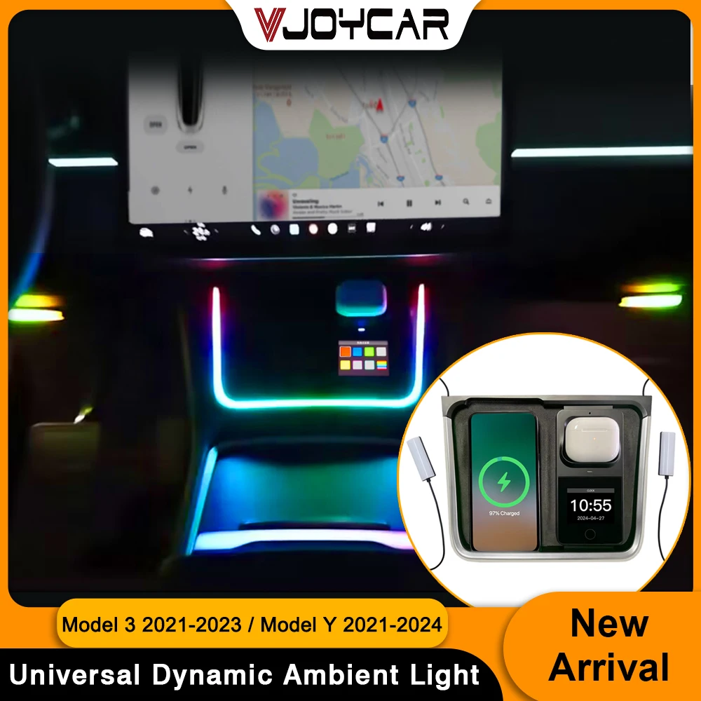 Tesla Model 3Y Merkezi Konsol için Son Kablosuz Hızlı Şarj Cihazı Akıllı Ortam LED Aydınlatma Şarj Cihazı