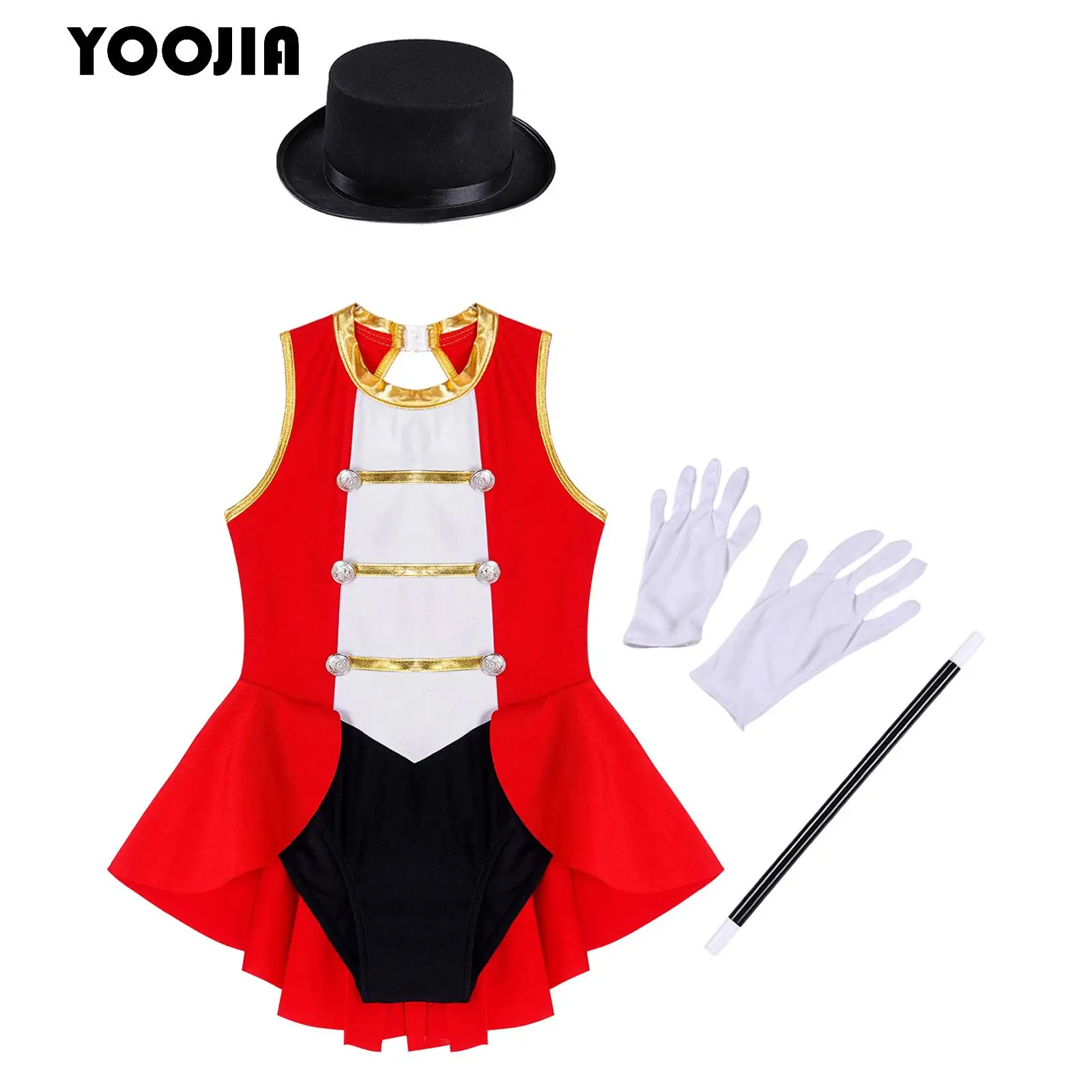 Girls Circus Costume Halloween Cosplay Magician Ringmaster Bodysuit Leotard Dress with Hat Magic Wand Gloves Performance Outfit