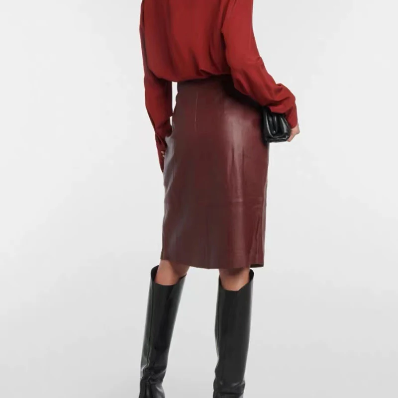 Burgundy Genuine Leather Skirt Women Spring Autumn Italy Fashion Simple Lambskin Side Split Back Zipper A-Line Midi Jupe Femme