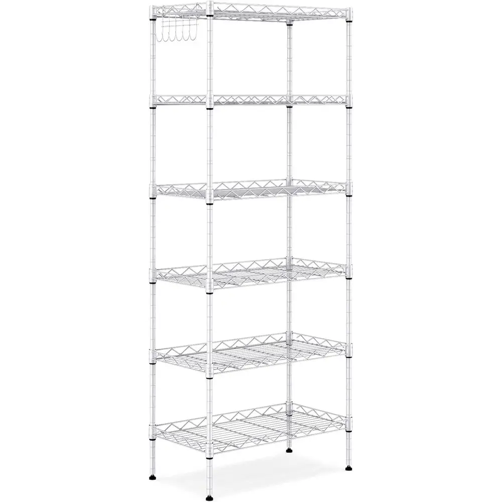 Heavy-Duty Metal Shelving Unit with Leveling Feet, Stainless Steel Hooks for Kitchen, Bathroom, and Garage (750 lbs Capacity, Si