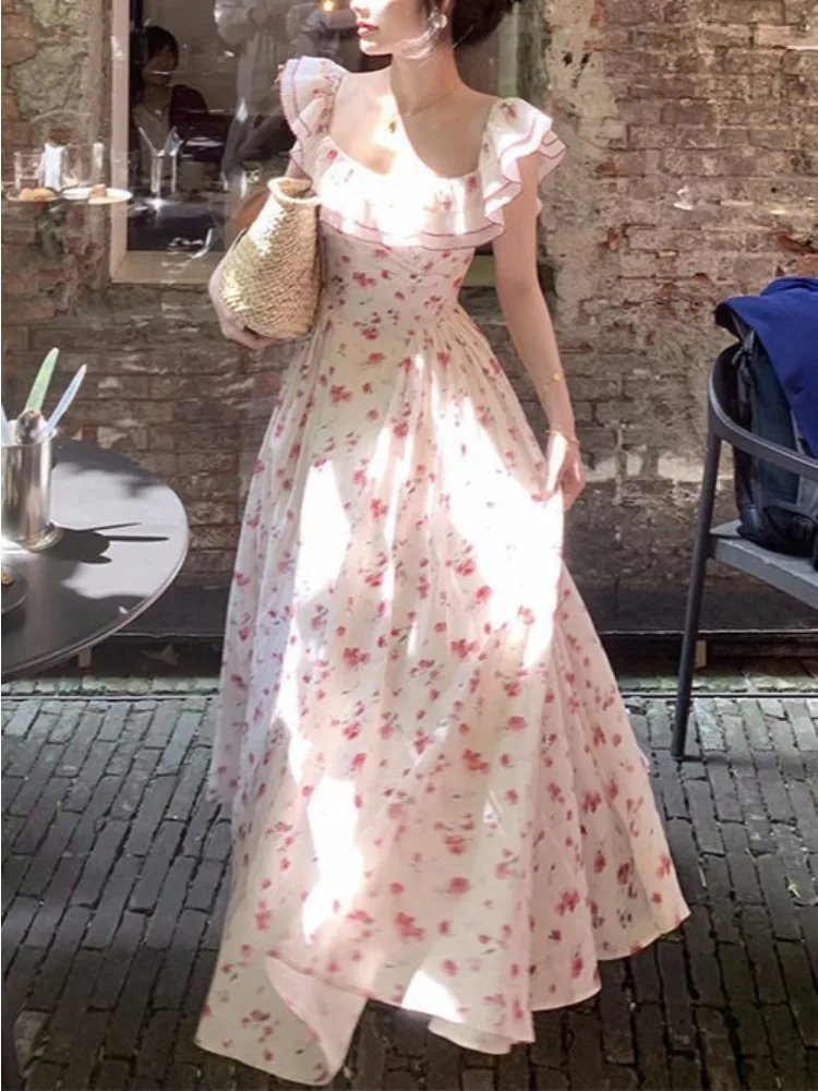 

Розовое милое платье феи с цветочным принтом, женское платье 2022, летнее дизайнерское повседневное платье принцессы миди с оборками, женское модное винтажное корейское платье