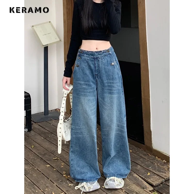 Casual Retroขากว้างBaggy Emo DenimกางเกงHarajukuผู้หญิงสูงเอวกางเกงยีนส์หลวม 2024 ฤดูร้อนPatchworkสีฟ้า 2000Sกางเกง