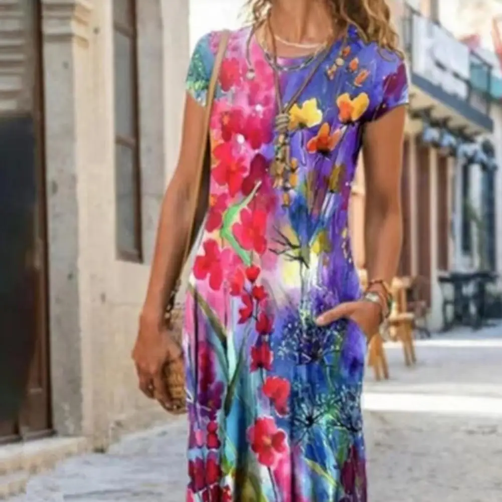 Vintage Floral Print maxi dress Round Neck Short Sleeve Irregular Hem Summer Dress Pocket Holiday Vacation Beach Long Dress