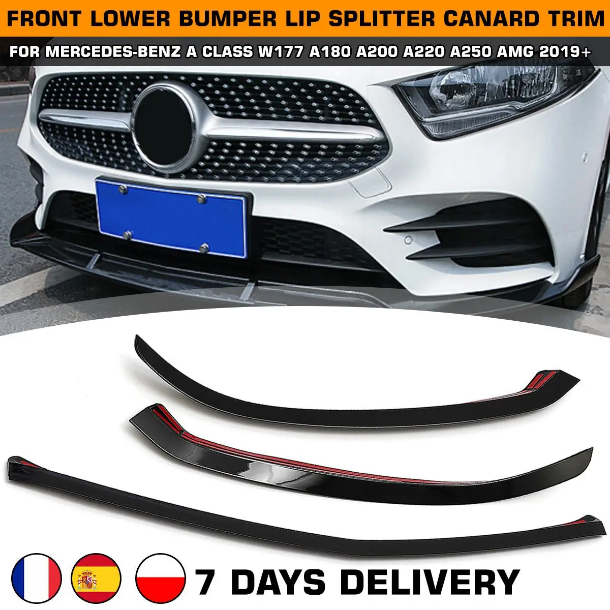 

For Mercedes-benz A Class W177 A180 A200 A220 A250 AMG 2019+ Car Front Lower Bumper Lip Splitter Canard Trim Chin Body Kit