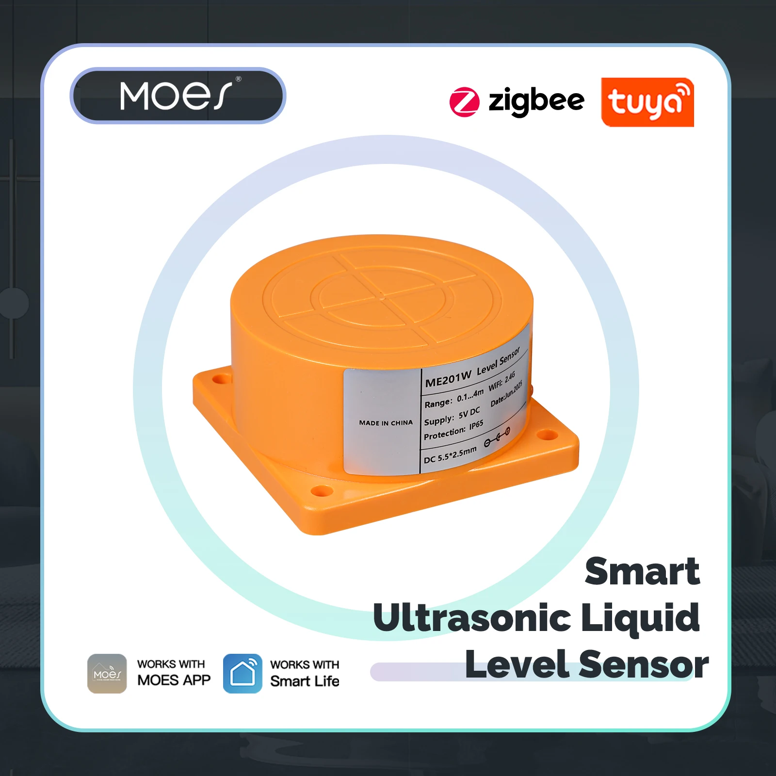 MOES Tuya WiFi/ZigBee Smart Water Level Sensor with APP Alarm Alert, Ultrasonic Tank Monitor, Remote Detector