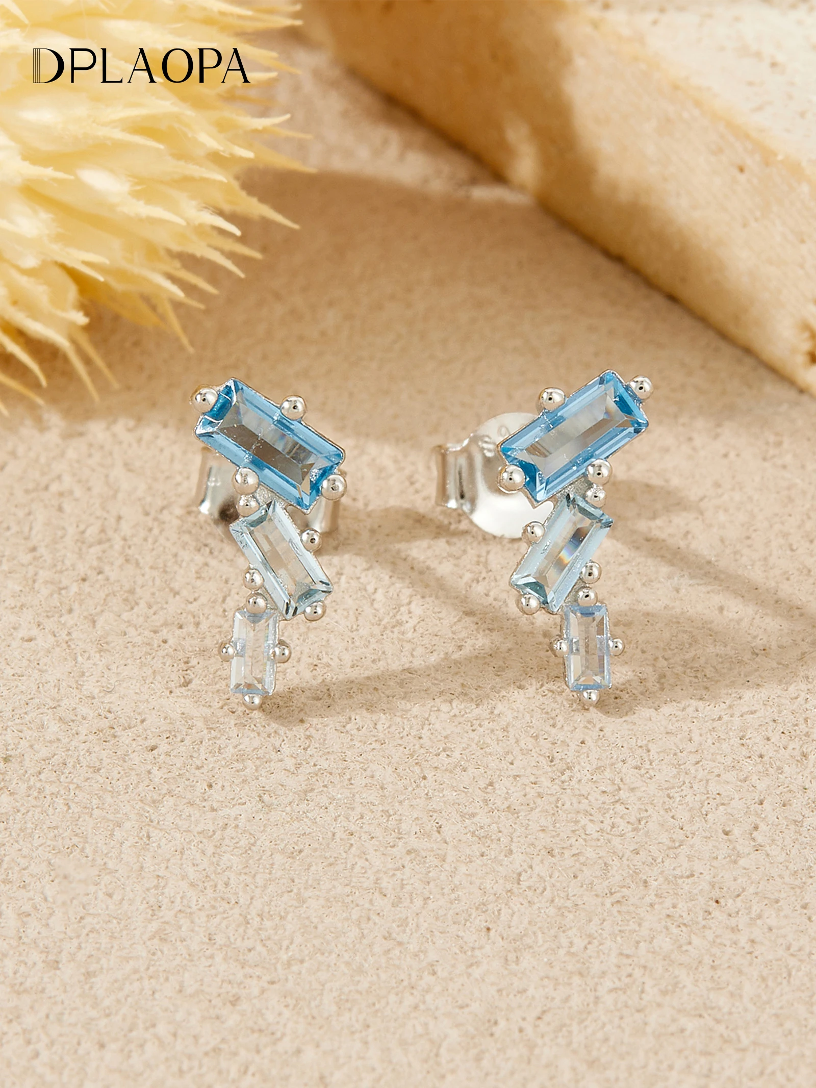 

DPLAOPA 925 Sterling Silver Blue Zirconia Stud Earrings: Geometric Design, Fresh & Chic for Women's Daily Sparkling Jewelry
