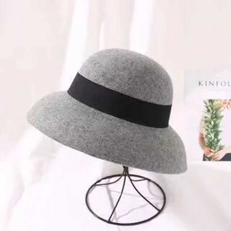 

100% Pure Wool Felt Black Grey Wide Brim Fedora Hat with Simple Band, Women Vintage Style Crushable Dress Fedora Hat