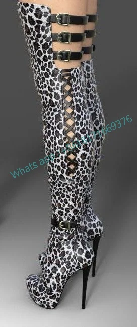 Buckle Hollow Platform Sexy Thin High Heel Boots Women Thigh High Club Party Boots Leopard Shoes Evening Fashion New Style Lady