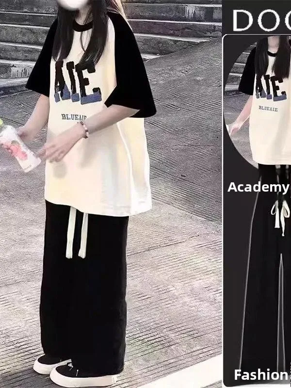 

plus Size Casual Sportswear Set Women Summer Short Sleeve Wide Leg Pants Two Piece Set for Plump Sister Fashionable And Comfo...