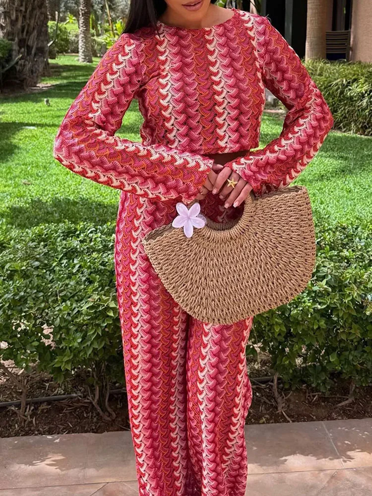 

Women Fashion Colorful Print Two Piece Set Spring O Neck Crop Top & Long Pants Outfit 2025 Autumn Long Sleeve Slim Knitting Suit