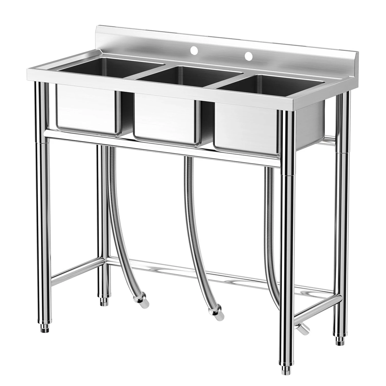 

Stainless Steel Sink, 3-Compartment Freestanding Sink with Hot & Cold Hoses, Commercial Kitchen Utility Sink for Garage, Restaur