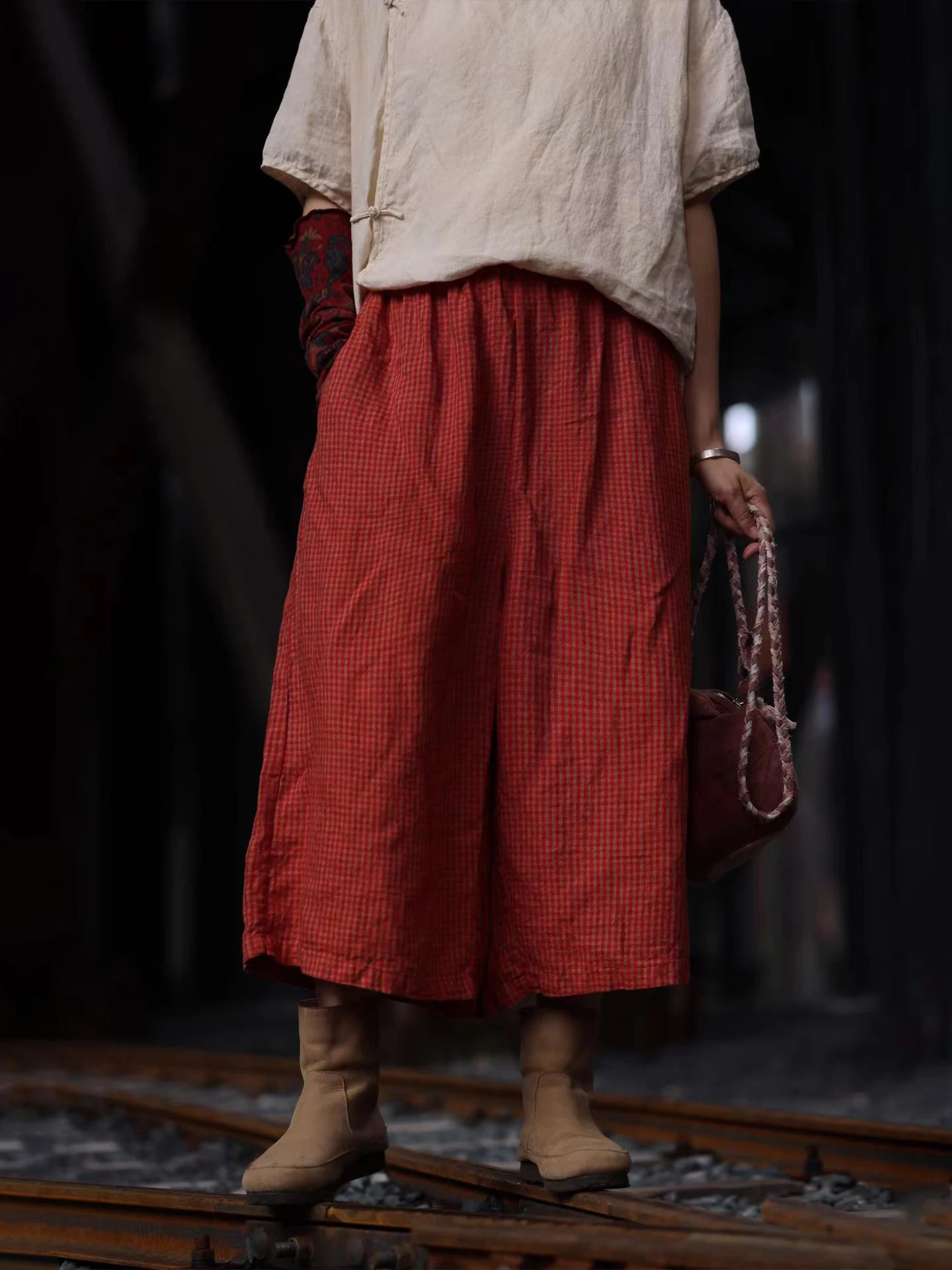 

PengPeng Home 38893 Wide Leg Seven-Foot Pants Retro Plaid Linen Casual Pants Loose Fit l Waist Straight Leg Summer Thin