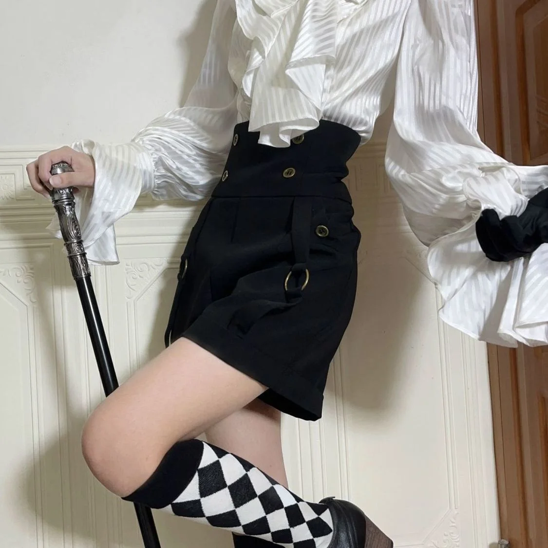 Princess Style Long Sleeve White Bell Bottom Shirt Shorts Set Stand Collar Vintage Look Moon Stone Prince Elegant Lolita Top