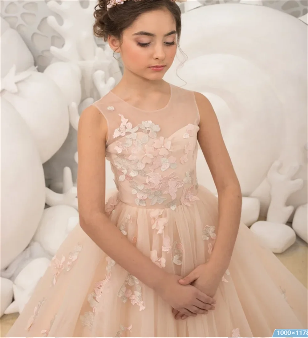 

Elegant Beauty Pageant Flower Girl Dress For Wedding Tulle Puffy Sleeveless Applique Floor Length Kids Birthday Party