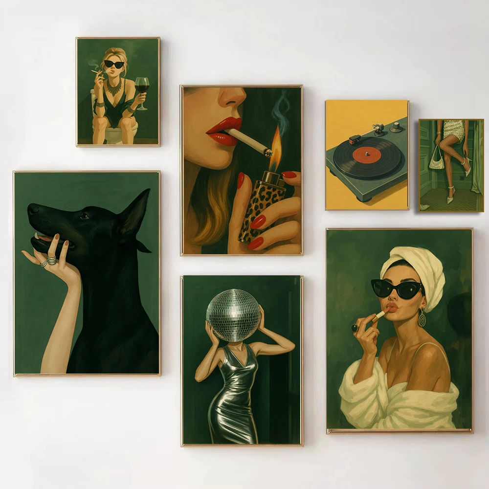 Vintage Green Style Bold Feminine Smoking Disco Ball Sexy Woman Vinyl Record Girls Poster Canvas Painting Print Home Decor
