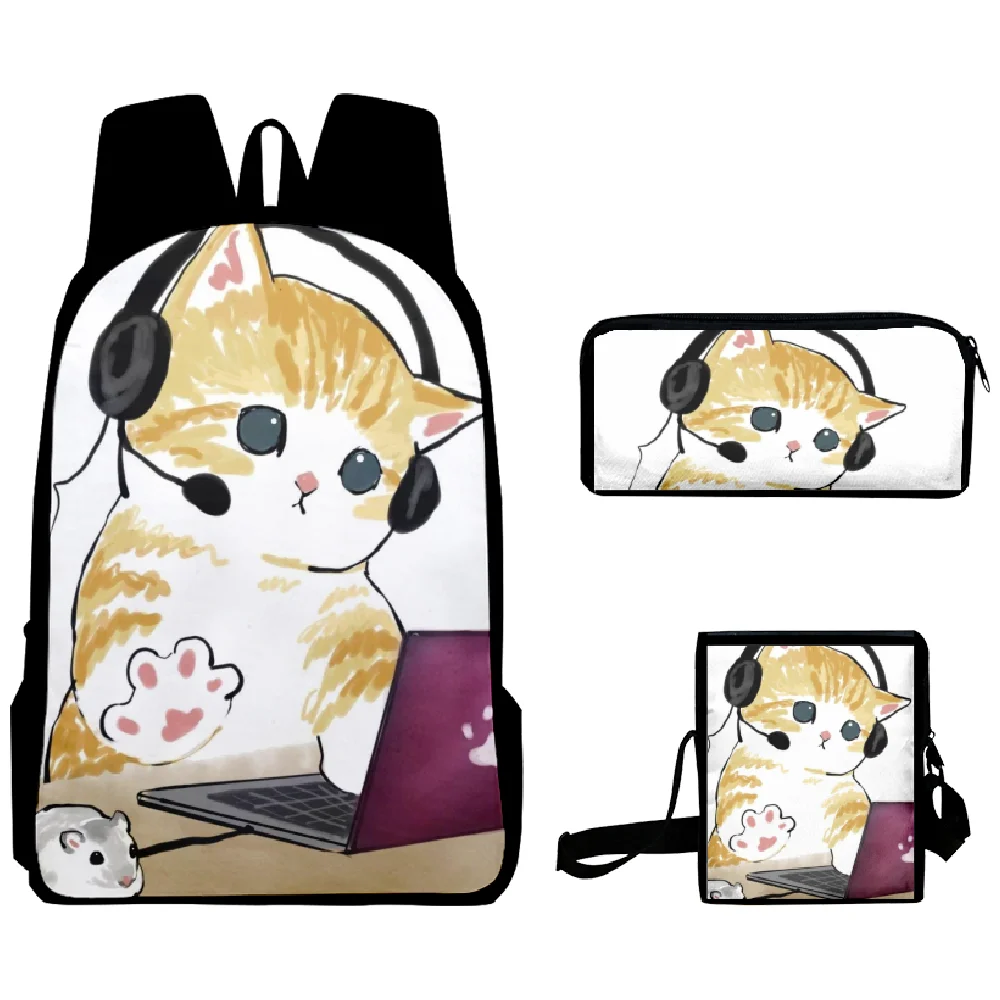 Mochila Harajuku con estampado 3D de gato de trabajo, bolso de hombro para ordenador portátil, estuche para lápices, novedad, Juego de 3 unidades