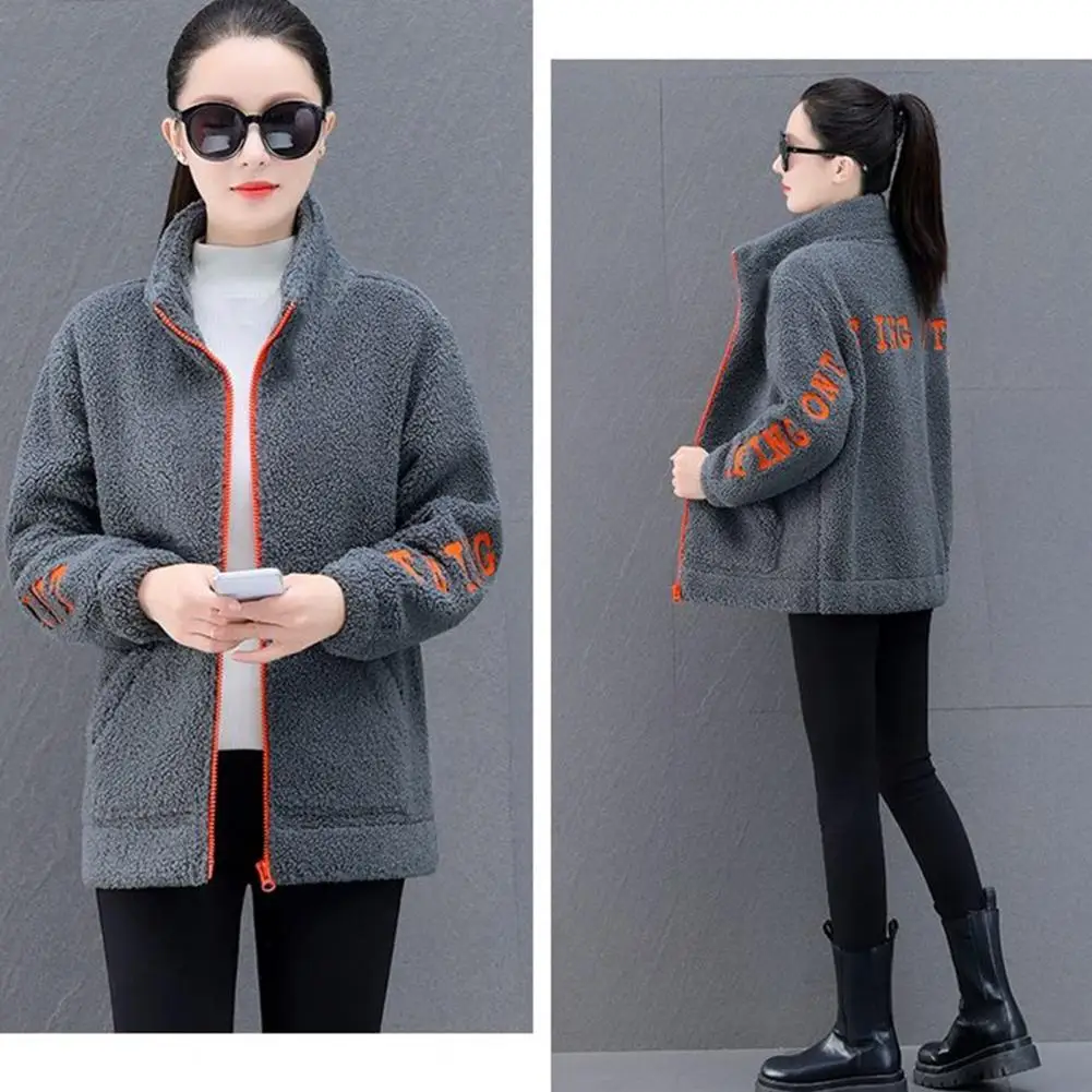 Women Outerwear Thick Fleece Winter Coat with Stand Collar Letter Pattern Pockets Warm Mid Length Cardigan Jacket for Women Soft