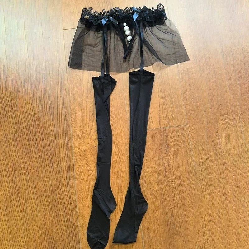 

Women Sexy Crotchless Lingerie Back Mesh Panties Collocation Hose Garter Belt With Oil Shiny Foot Shaped Thigh High Stockings