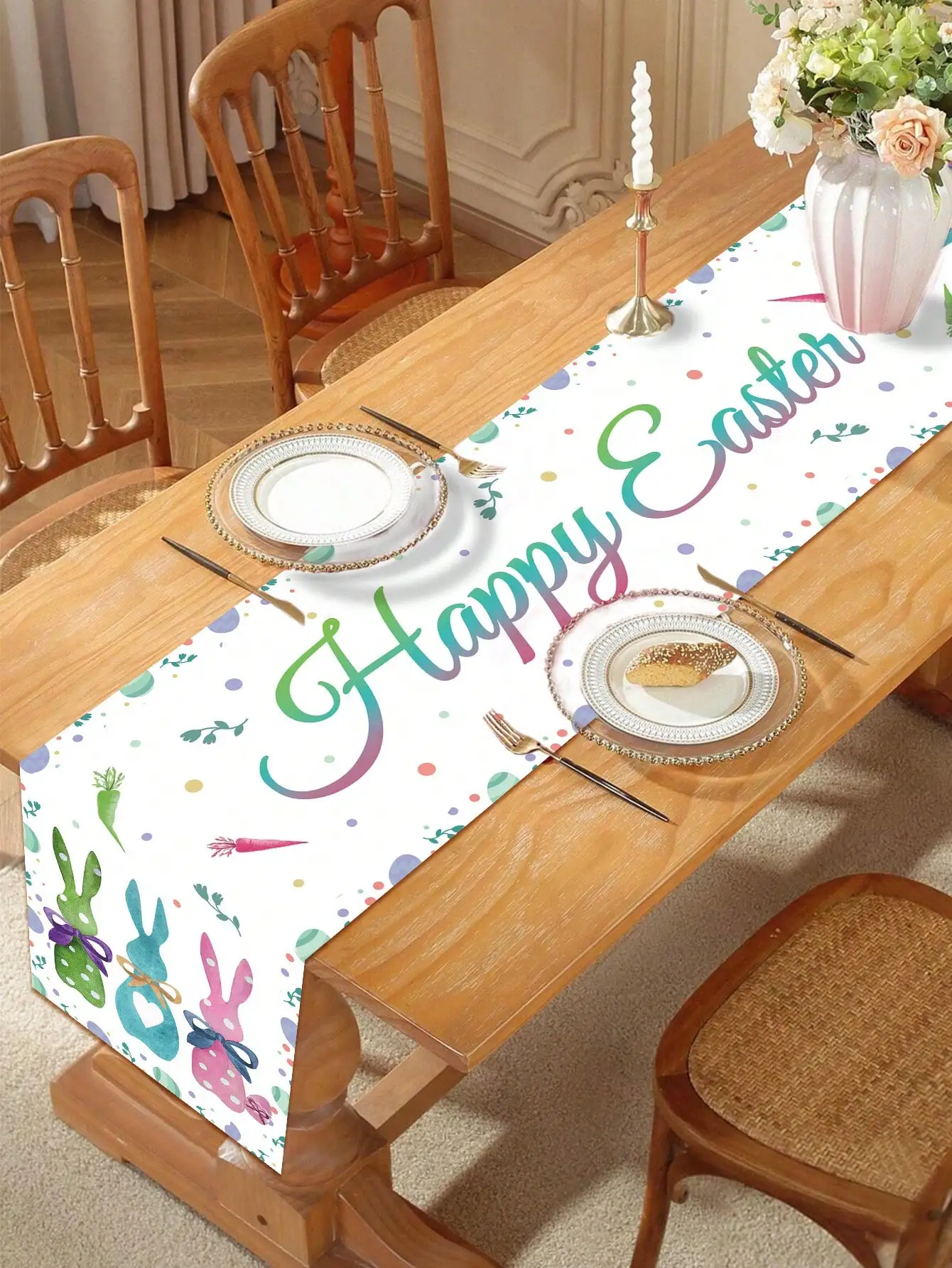 1Pcs Easter Watercolor Rabbit Table Runner Happy Easter Colorful Polka Dot Table Decoration Cloth Holiday Party Table Runner Decoration Supplies