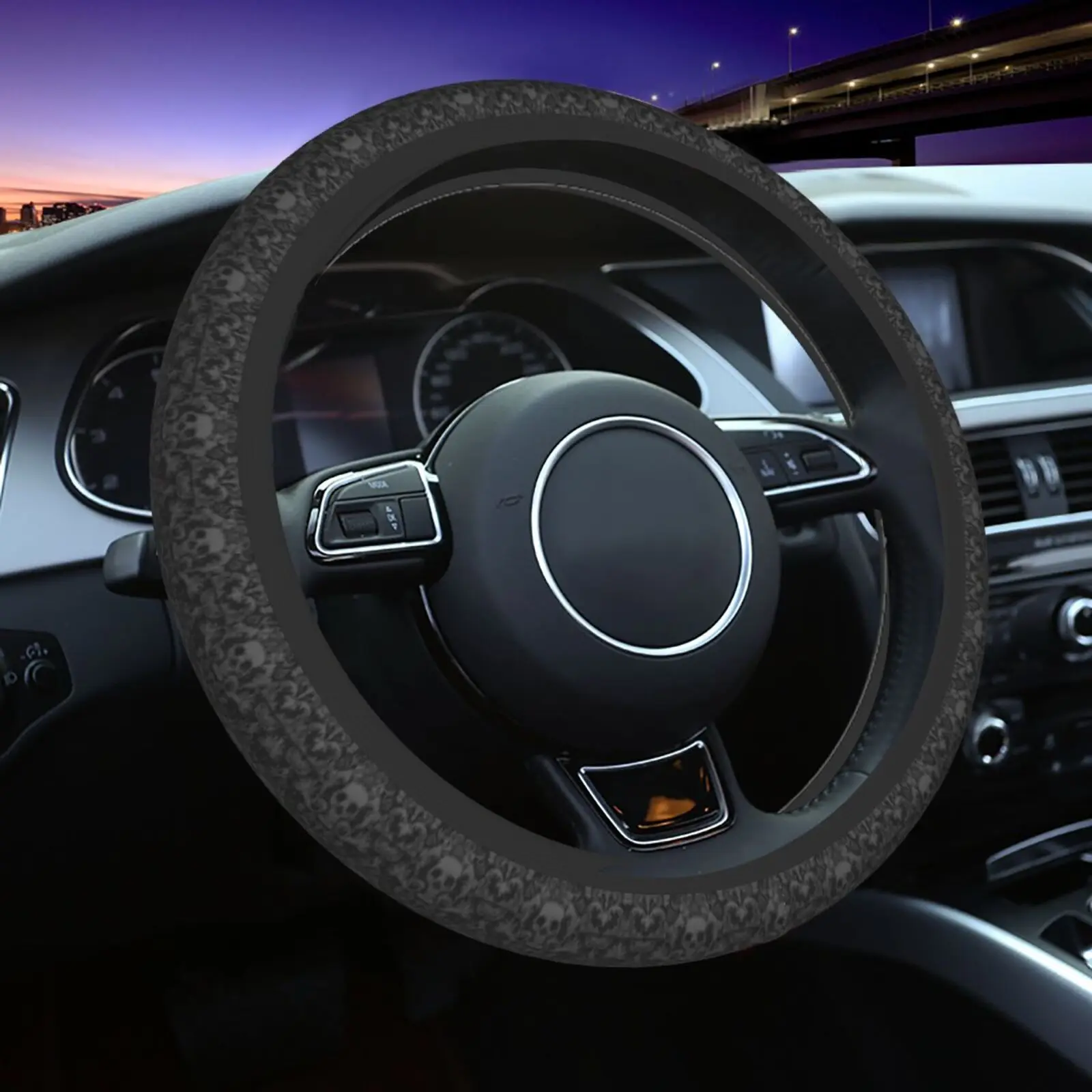 Goth Gothic Black Skull Car Steering Wheel Cover for Women Men 15 Inch Anti Slip Soft Suitable for Universal Wear Resistance