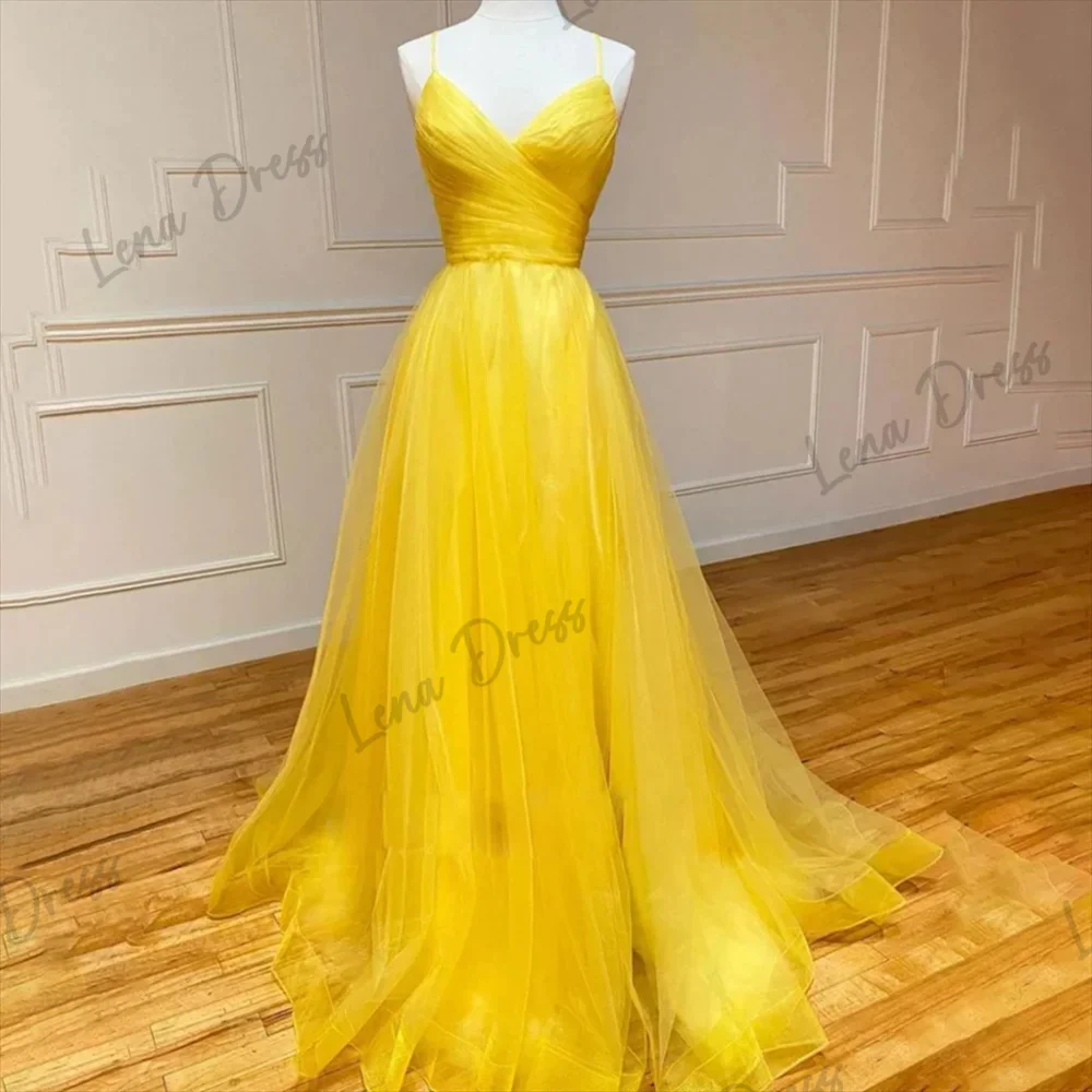 

Lena-Yellow sheer formal dress with thin shoulder straps, wedding party dress with pleats, special occasion dress, custom robe