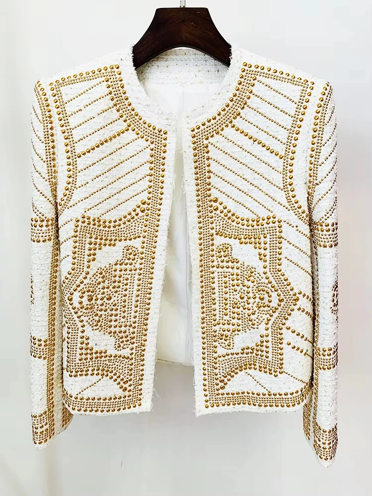 

2024 Designer Fashion Women Stunning Metal Rivet Beaded Tweed Jacket