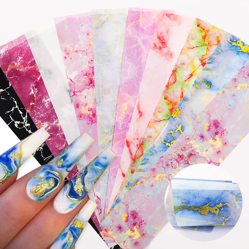 10Pcs/Bag Marble Nail Art Transfer Foil Sticker Flower French Tip Wraps Adhesive Decals Nails Decoration Manicures Accessories