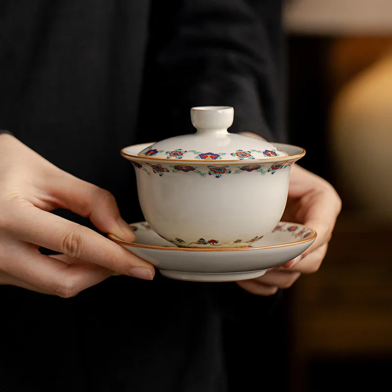Beige Ru Kiln National Trend Dunhuang Three-Talent Covered Bowl Household Kung Fu Tea Set Can Be Used for Nurturing and Opening