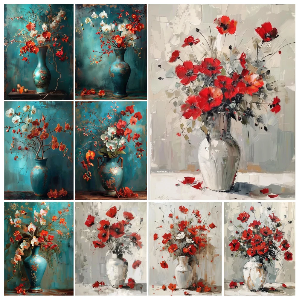 Pintura por números de jarrón francés con flor roja para adultos, Kit de paisaje marino, lienzo de pintura acrílica DIY, obra de arte Canva, regalo de decoración del hogar