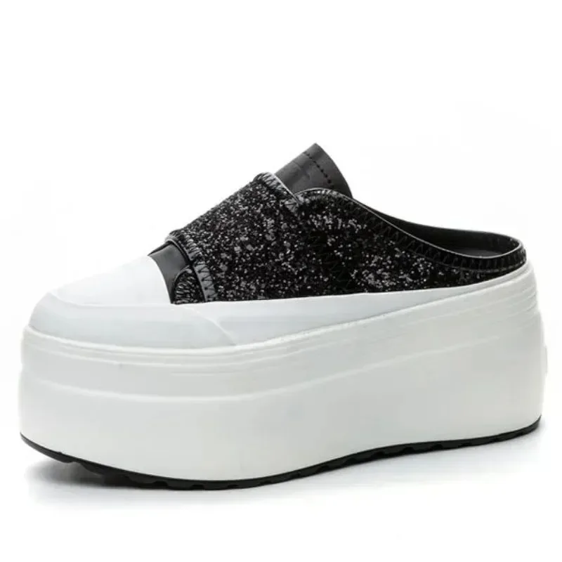 

НОВЫЕ блестящие тапочки на платформе из натуральной кожи 8 см, женские брендовые летние сандалии на танкетке со стразами, шлепанцы с петлями, кроссовки без шнуровки