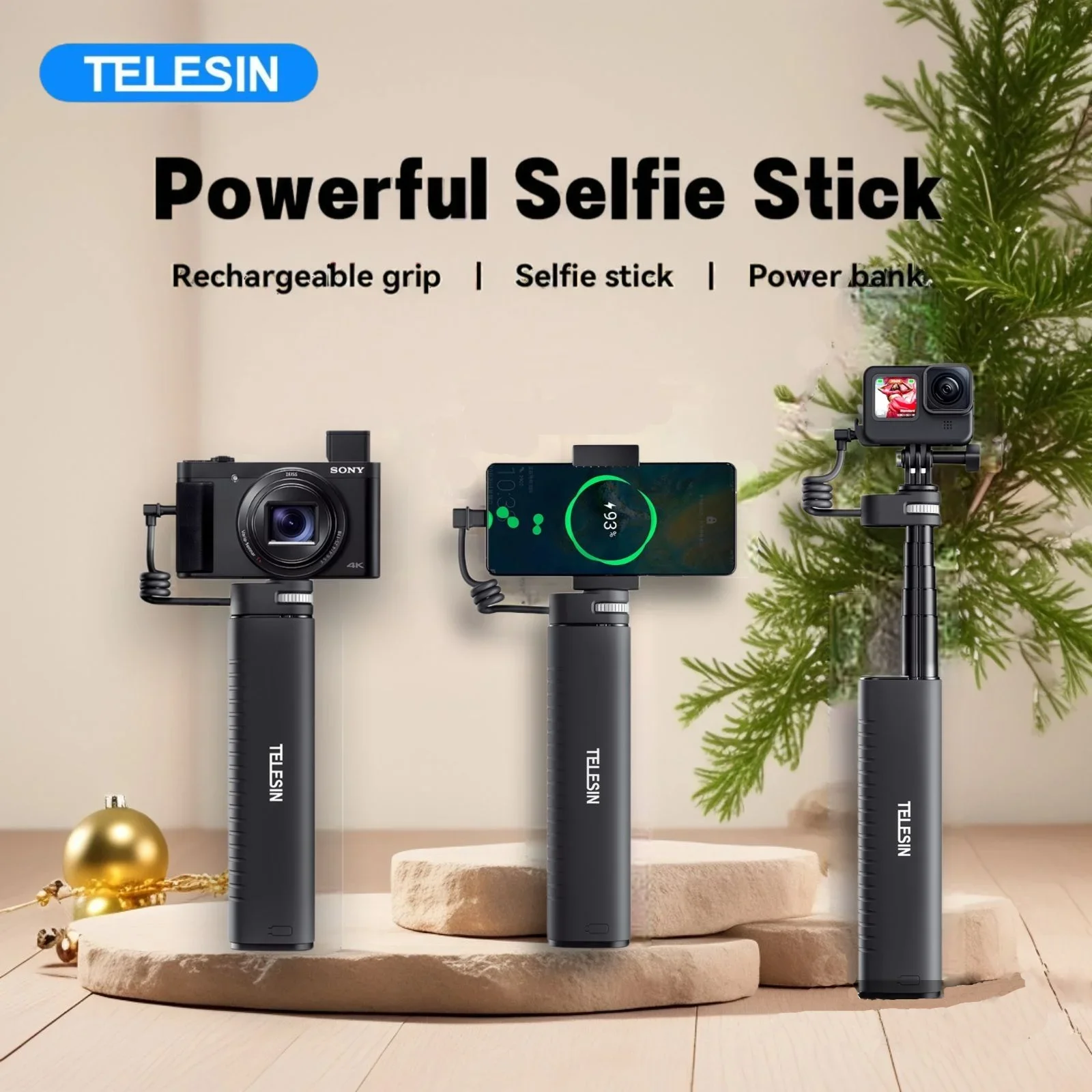 TELESIN Rechargeable Grip Selfie Stick for Phone Gopro Hero 13 12 11 10 9 DJI OSMO Action 5 4 3 High-Capacity Battery  Handgrip