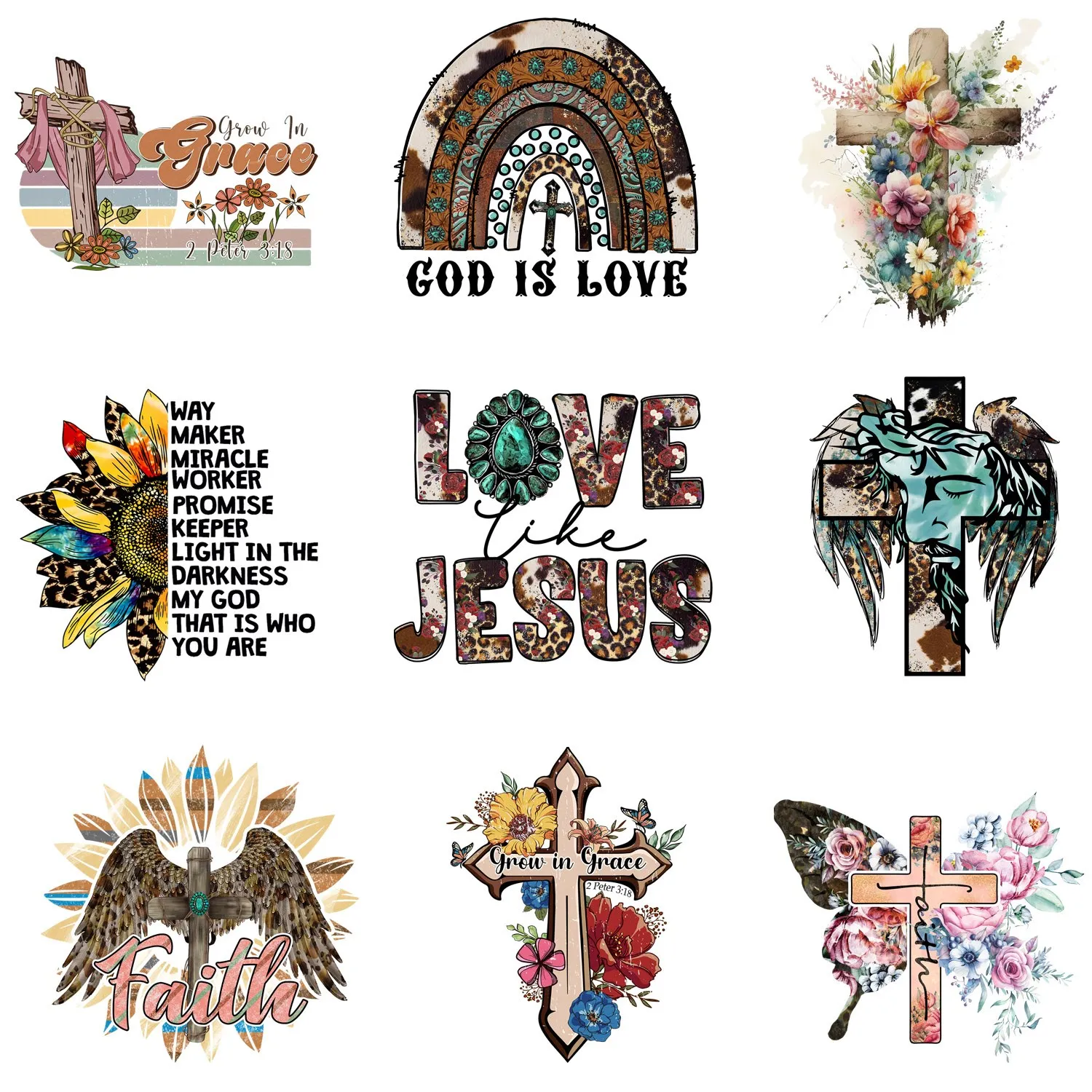 9Pcs JESUS Christ Cross Lron-On Transfer Stickers,Vinyl Heat Transfer Patches For DIY Couple Clothing Pillow Backpack Hat Craft