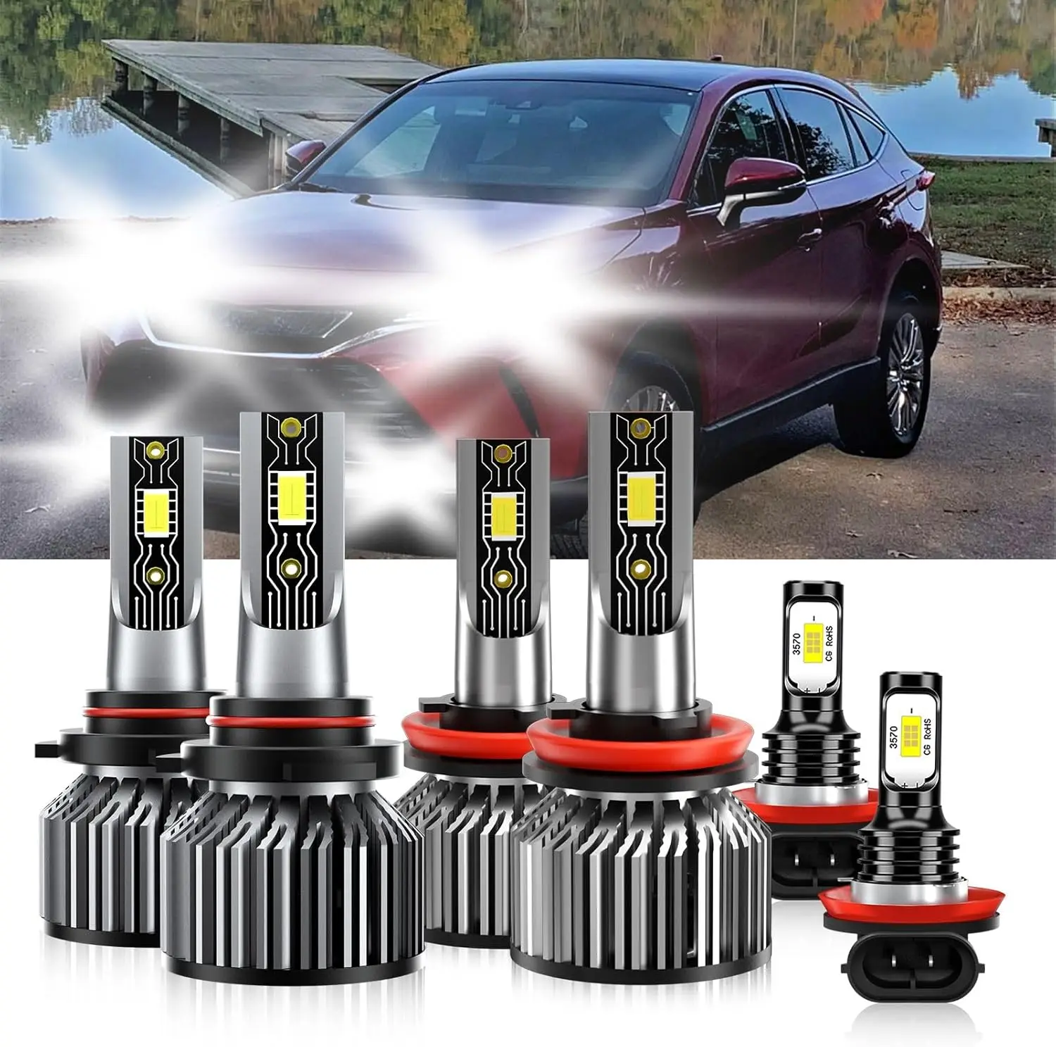 Compatible For Toyota Venza 2009-2016 9005 H11 High/Low Beam H11 Fog Light Bulbs, 600% Brightness 6500K White with Cooling Fan,