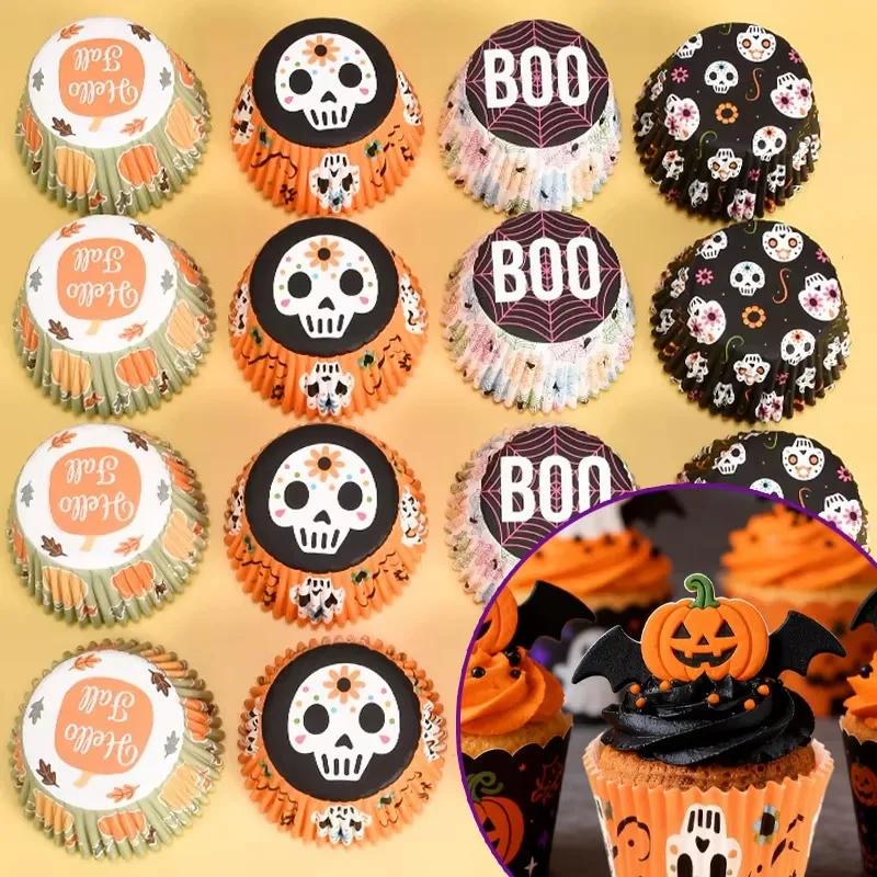 100Pcs Halloween Cupcake Paper Cups Thanksgiving Cake Dessert Wrappers Baking Tray Pumpkin Skull Pattern Cakes Decor Supplies