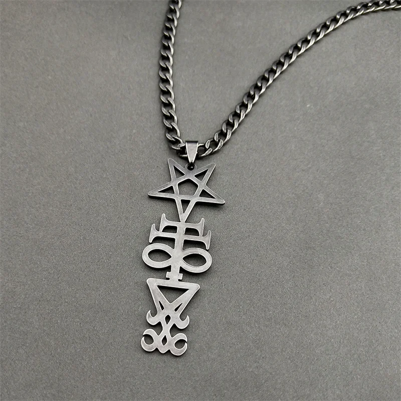 Hexerei Siegel Kirche von Satan Pentagramm Anhänger Halskette für Frauen Männer Edelstahl schwarz Farbe Kreuz Punk Schmuck ﻿ 911 – Detail 4