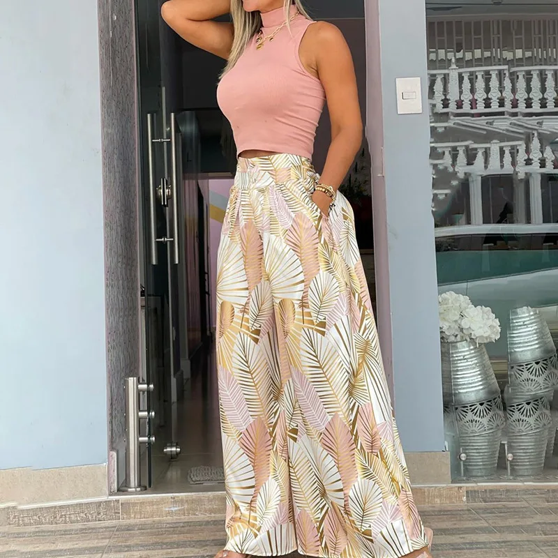 2023 Summer Mock Neck Sleeveless Top Tropical Print Wide Leg Pants Set Casual Skinny Crop Tops Suit Long Pants Female Robes