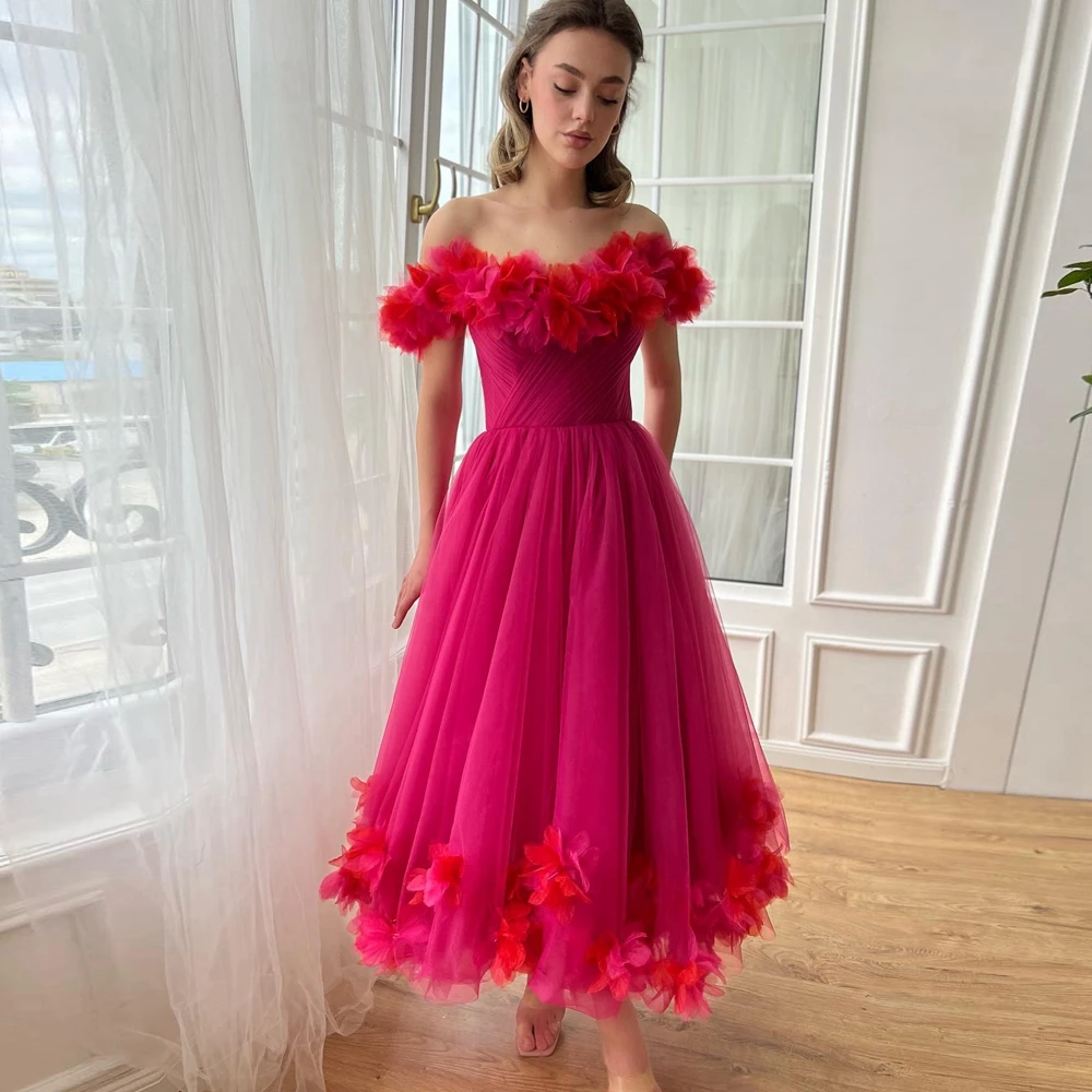 

Off The Shoulder Floral Mesh Prom Dresses Pretty Flowers Ruffles A Line Evening Dress Puffy Tulle Tea-length Party Gowns