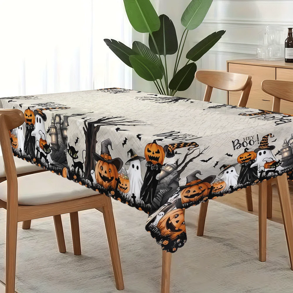 1PC, Retro Halloween Pumpkin Ghost Black Cat Castle Pattern Tablecloth, suitable for dining tablezyc