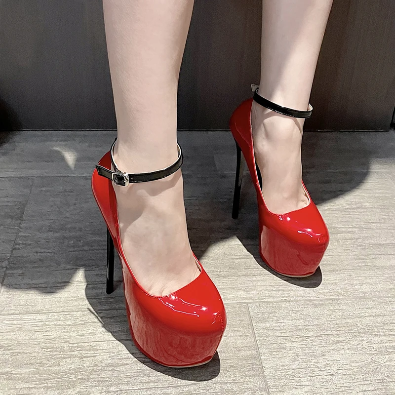 16cm Ultra High Heels Pumps Womens Ankle Strap Platform Closed Toe Sexy Dress Wedding Party Pumps Shoes Red Black