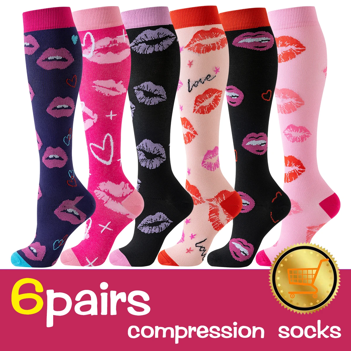 

6 Pairs Lips Compression Socks Women Nurse Compression stocking Valentine's Day Fashion Girl Women Compression Socks Nurse